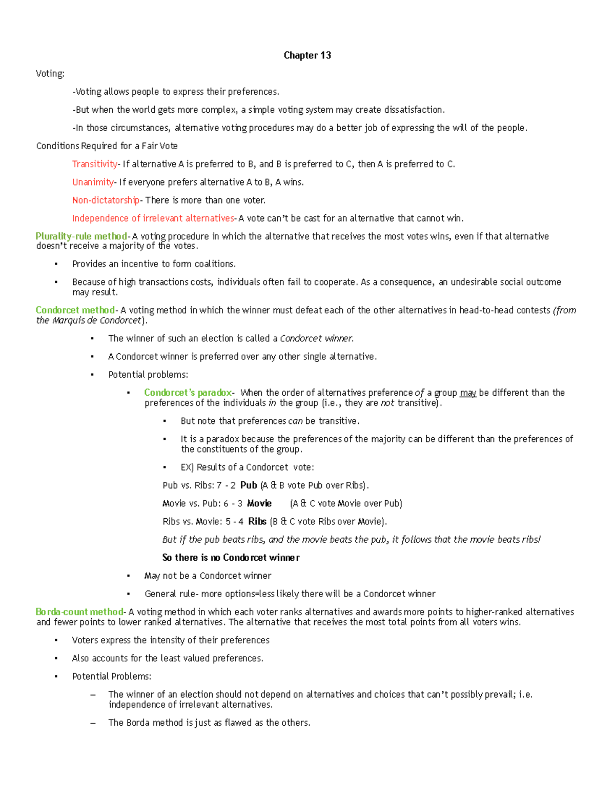 ECON Exam 4 Cheat Sheet-pdf - Chapter 13 Voting: -Voting allows people ...