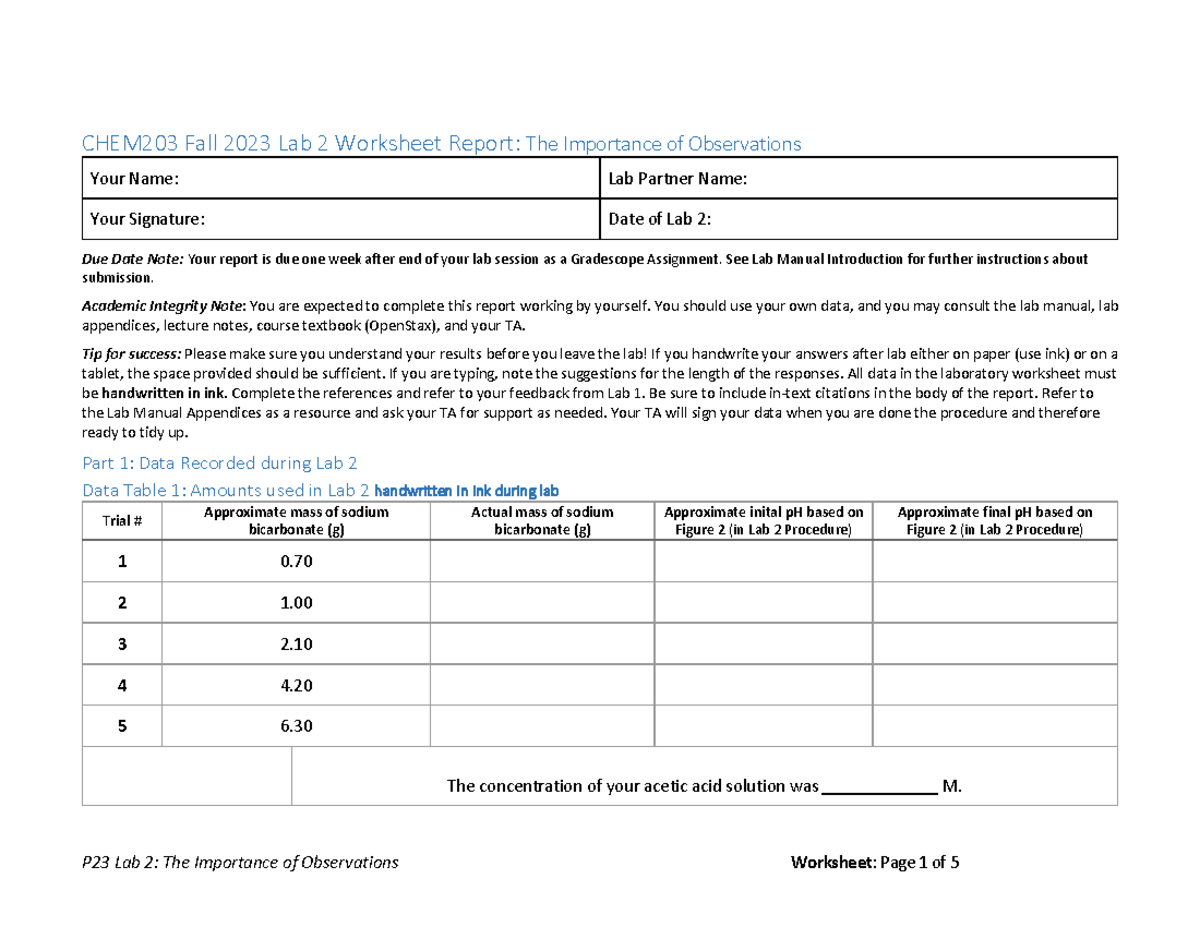 F23 CHEM 203 Lab 2 Worksheet - CHEM203 Fall 2023 Lab 2 Worksheet Report ...