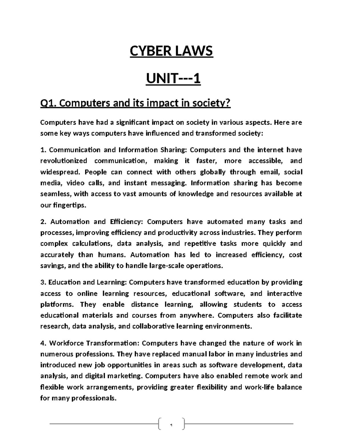 Cyber LAWS - CYBER LAWS UNIT- Q1. Computers and its impact in society ...