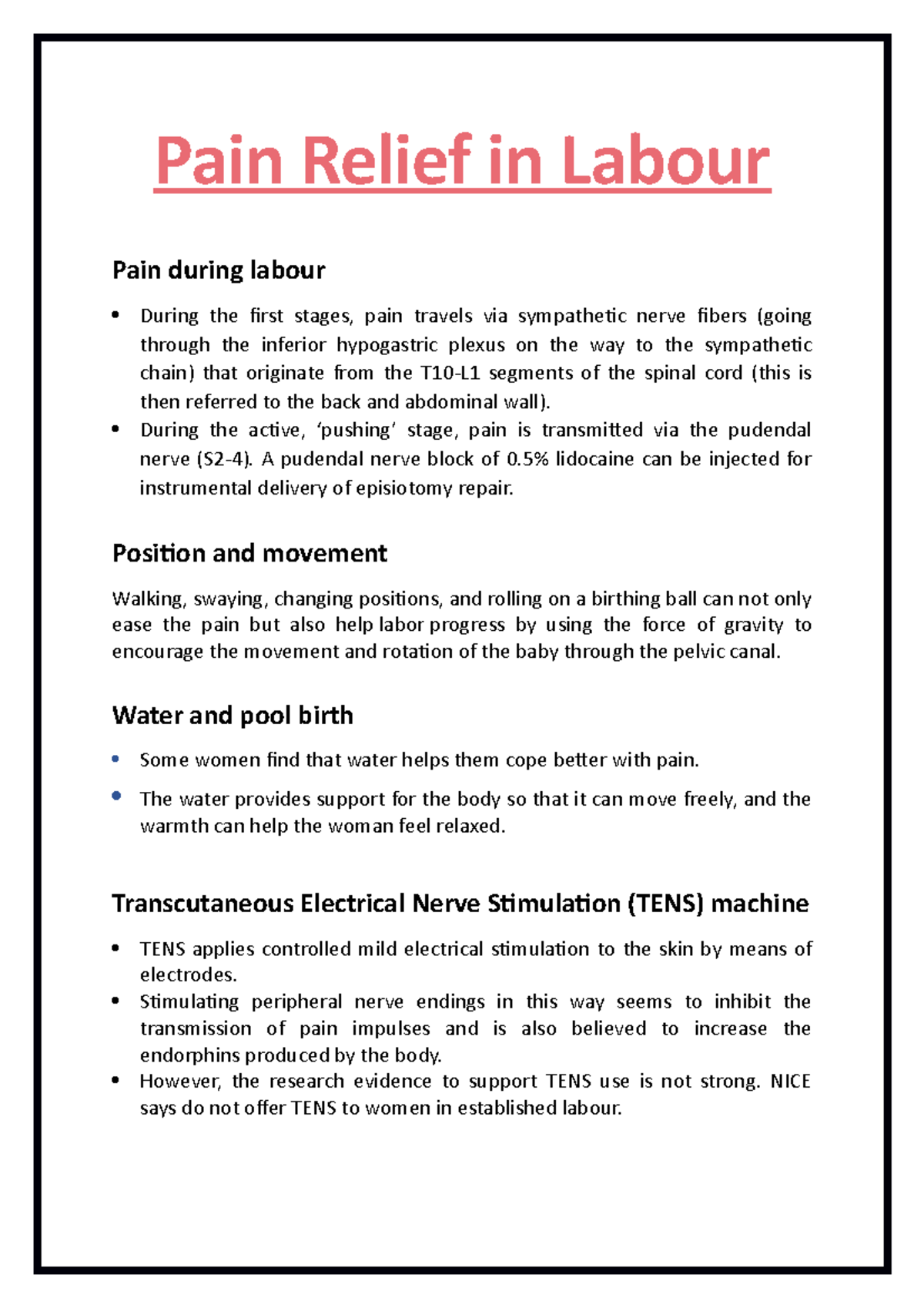 Pain Relief Obstetrics Pain Relief in Labour Pain during labour