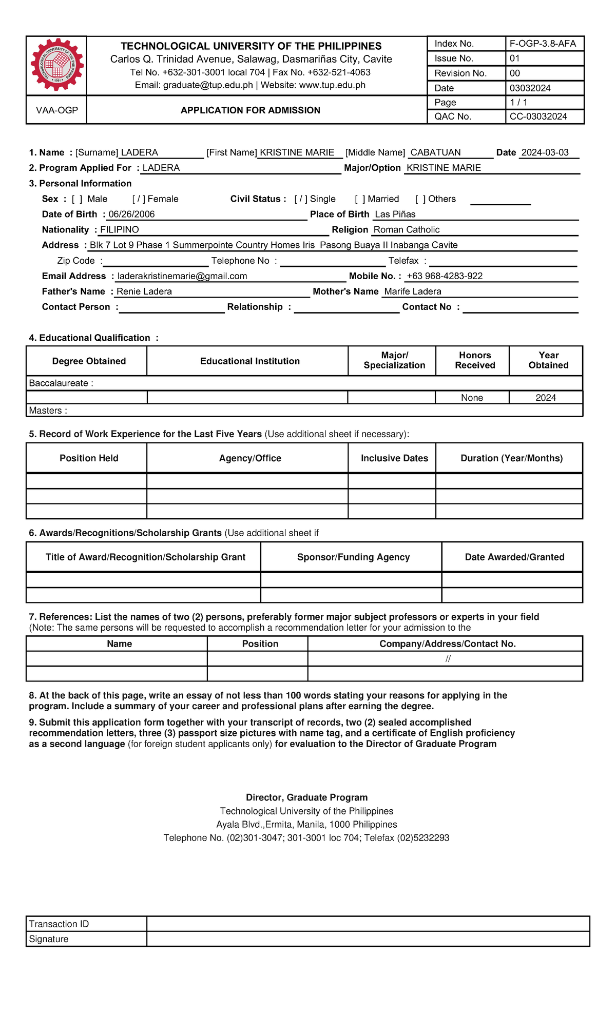Application form.new.docd - TECHNOLOGICAL UNIVERSITY OF THE PHILIPPINES ...