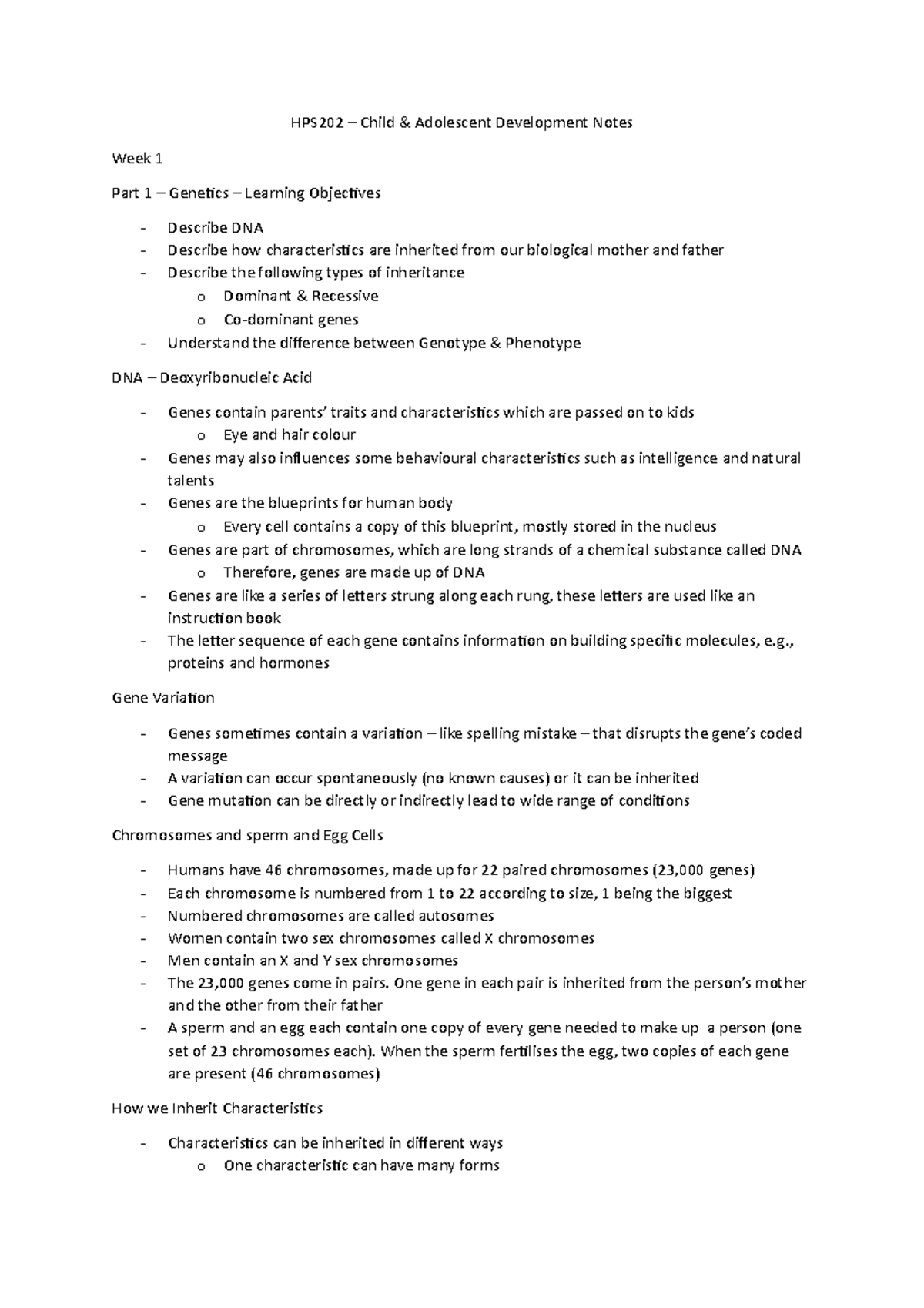 HPS202 - Notes - HPS202 – Child & Adolescent Development Notes Week 1 ...