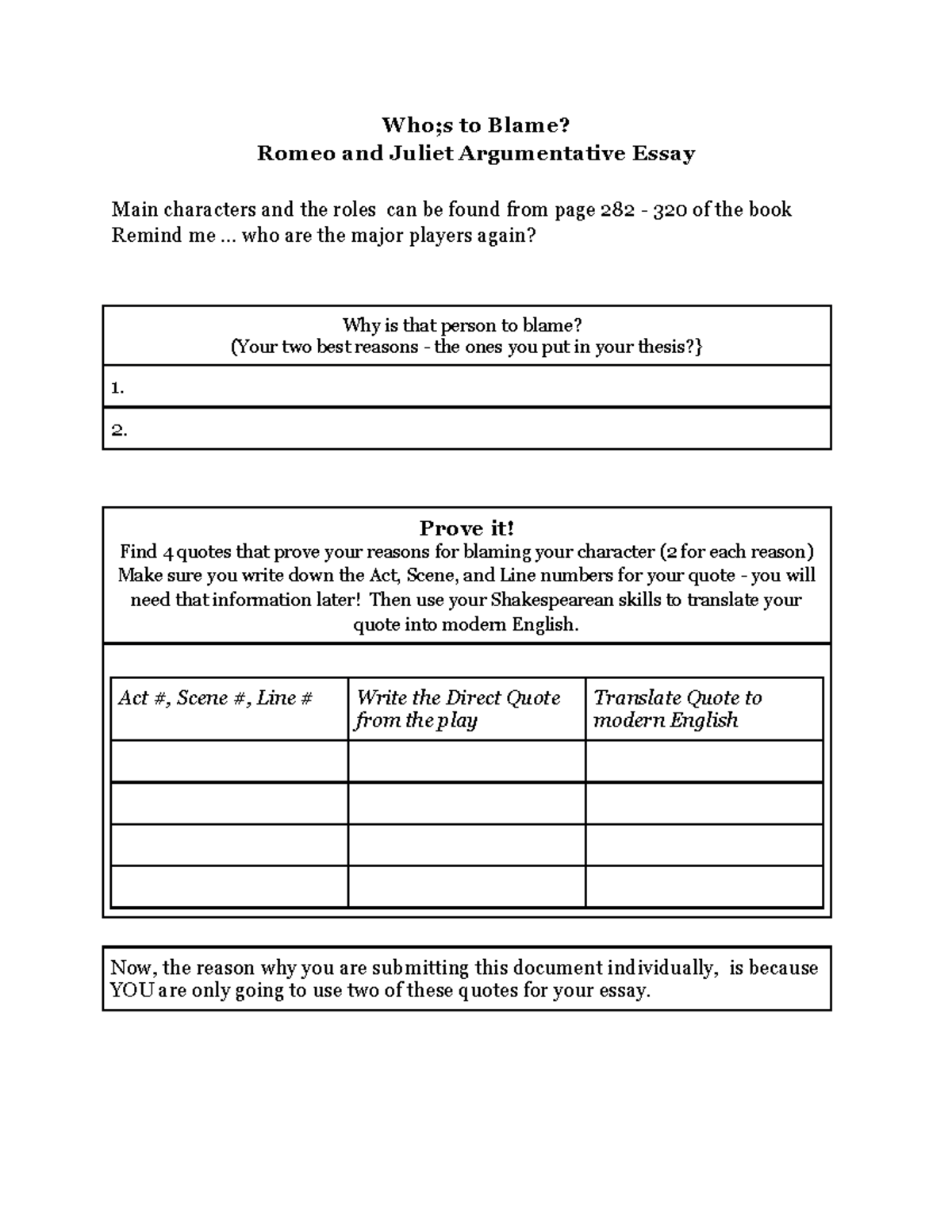 Romeo and Juliet Argumentative Essay Who;s to Blame? Romeo and Juliet