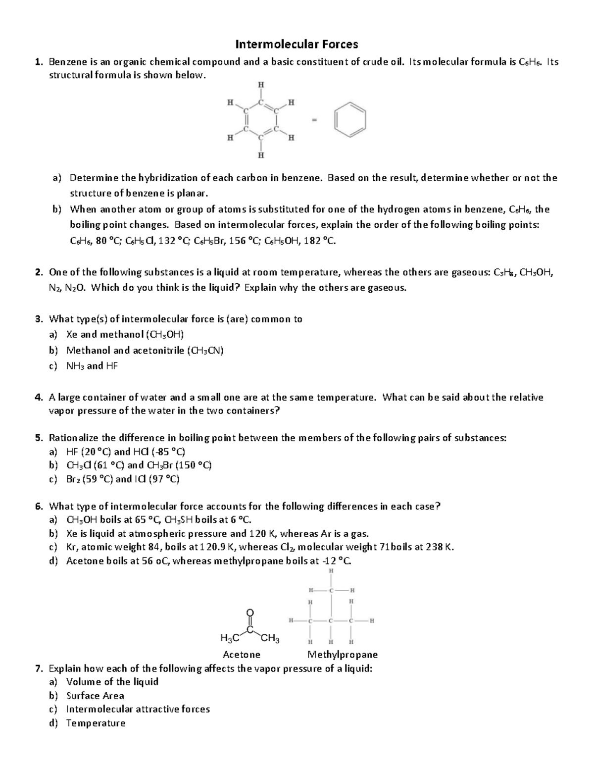 Intermolecular Forces Extra problems - Intermolecular Forces Benzene is ...