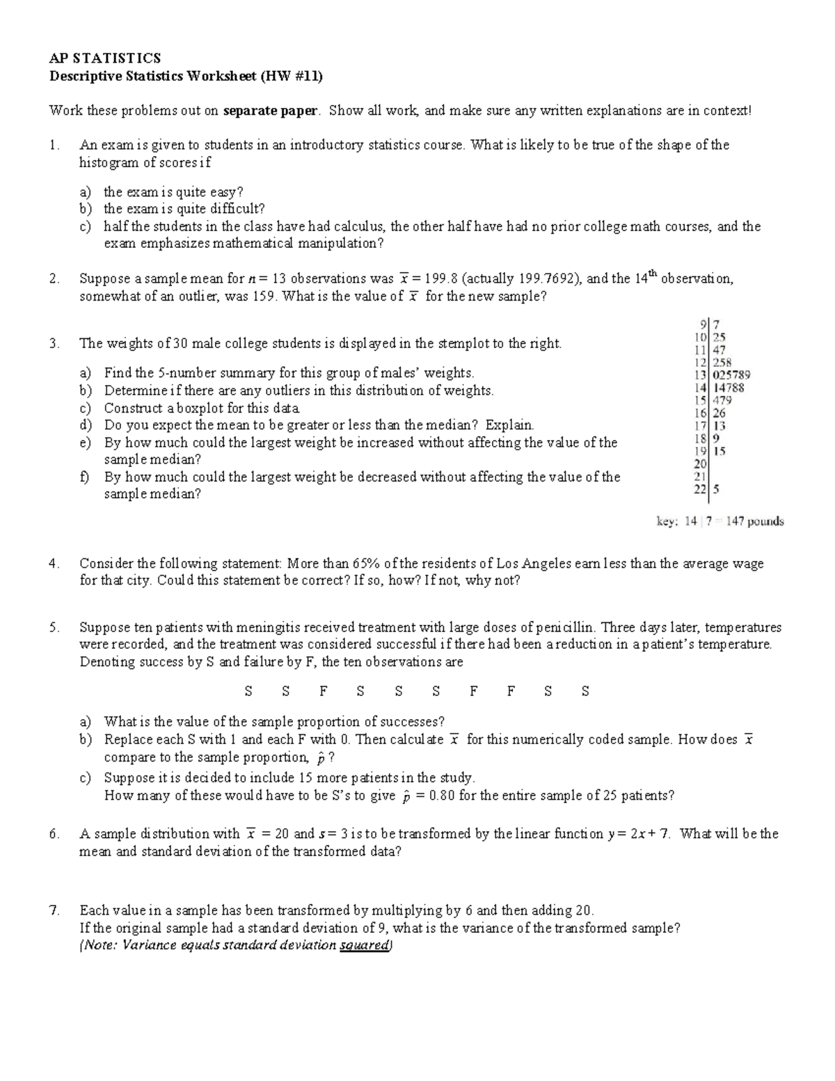 Worksheet 2.5 (HW #11) - Descriptive Stat Practice - AP STATISTICS Name ...