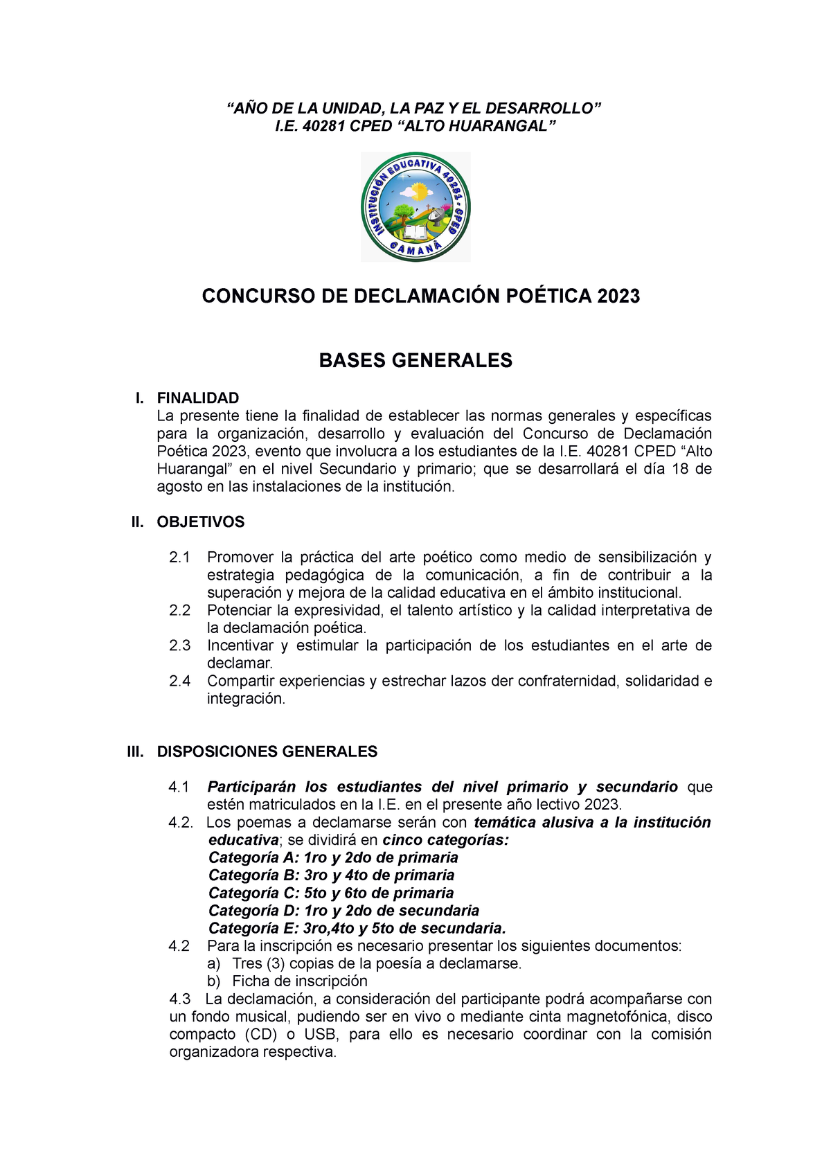 Bases Declamacion 2023 - I. 40281 CPED “ALTO HUARANGAL” CONCURSO DE ...