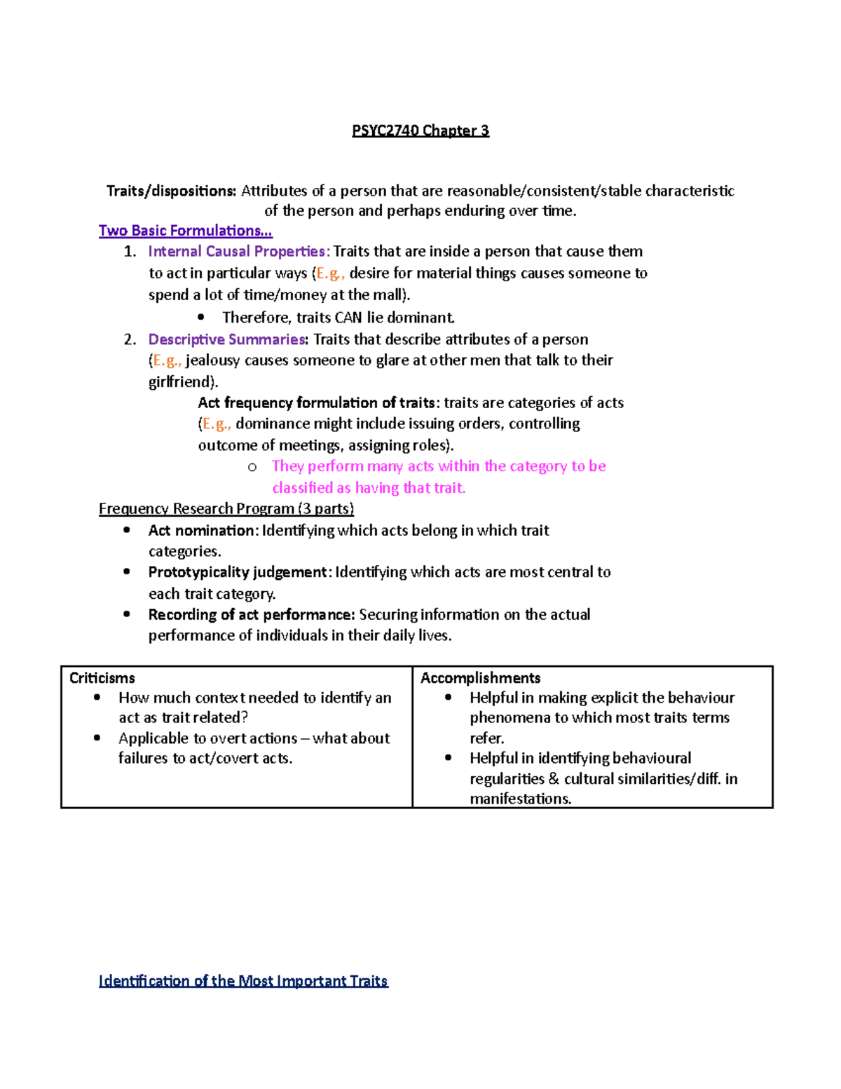 PSYC2740 Chapter 3: Approaches - PSYC 2740 Chapter 3 Traits ...