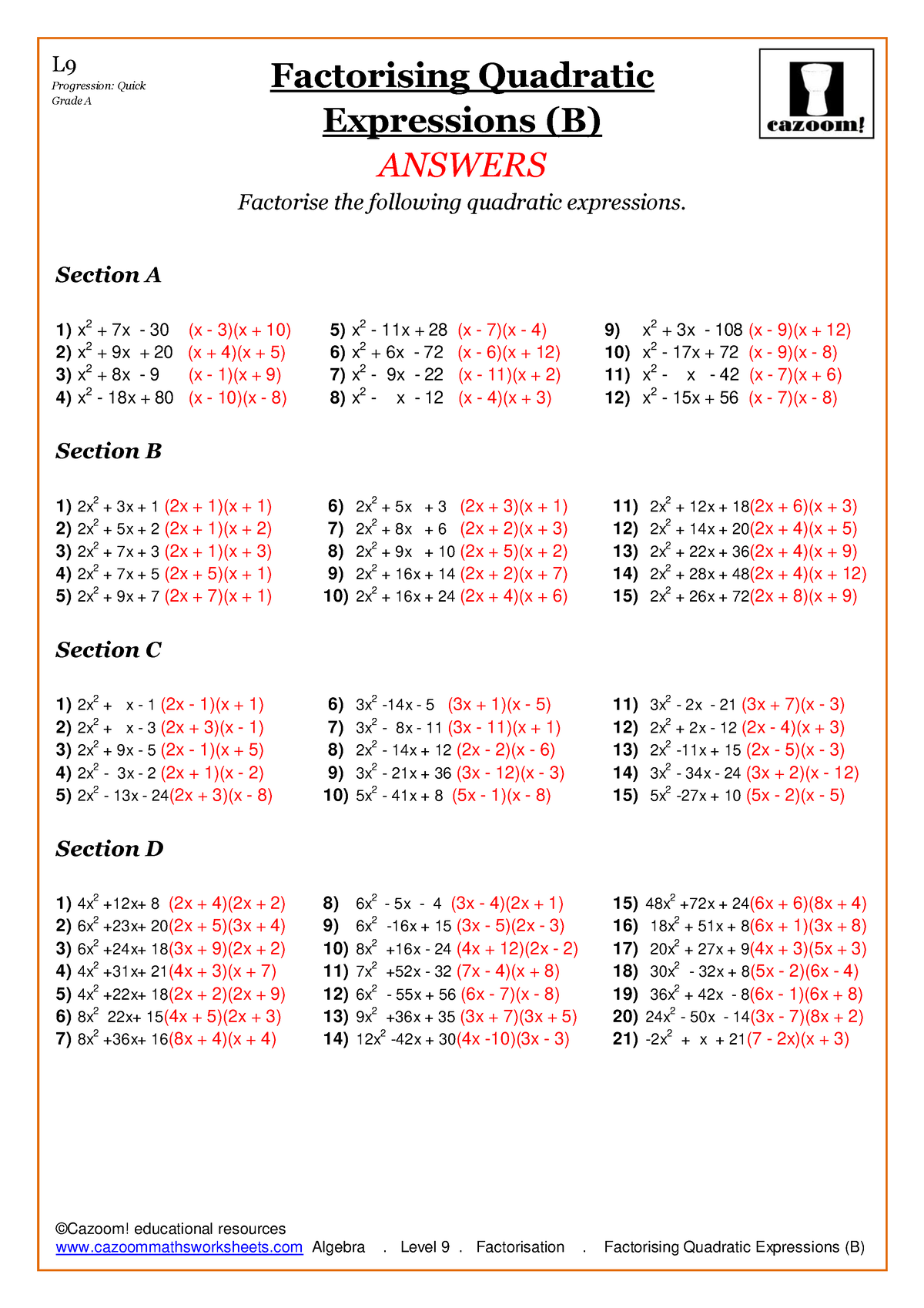 Algebra. Level 9. Factorisation. Factorising Quadratic Expressions (B ...