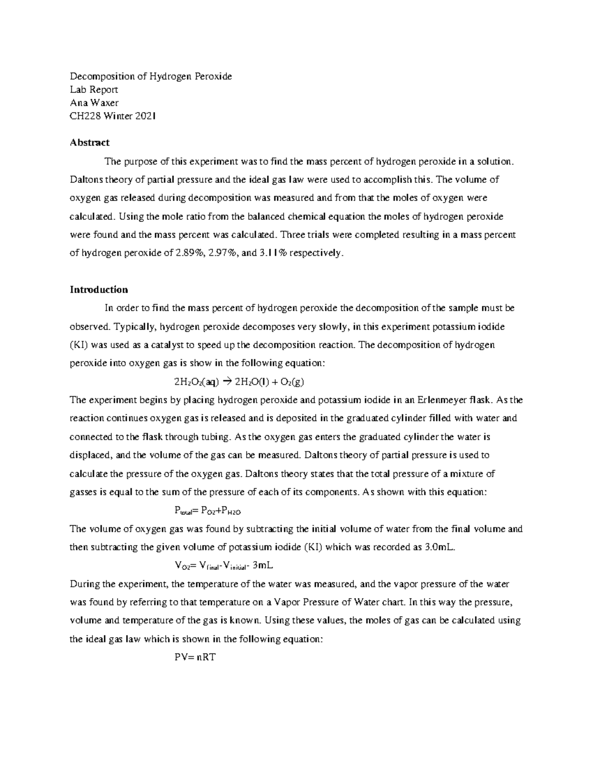 Ana Waxer H2O2 Decomposition - Decomposition of Hydrogen Peroxide Lab ...