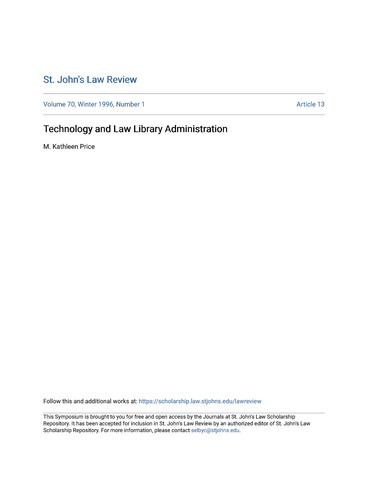 Technology and Law Library Administration St. John's Law ReviewSt