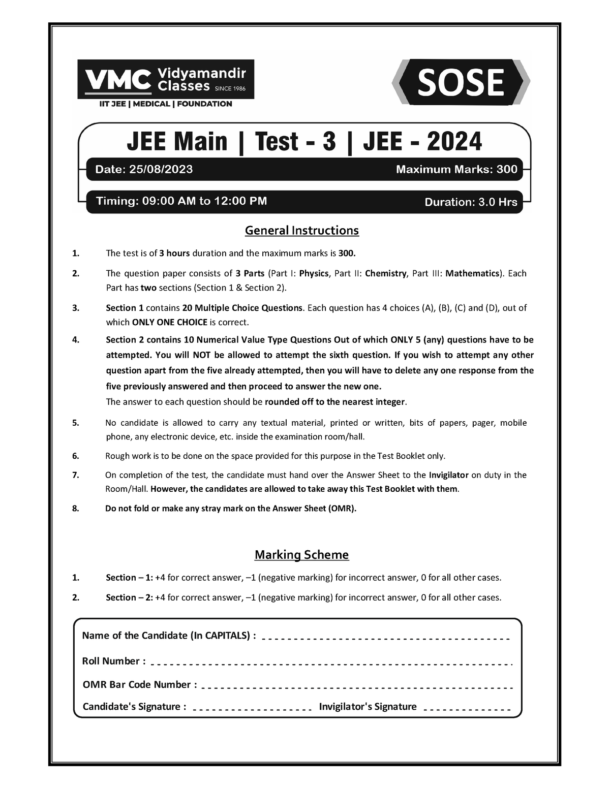 VMC SOSE JEE 2024 Main Test 3 Paper General