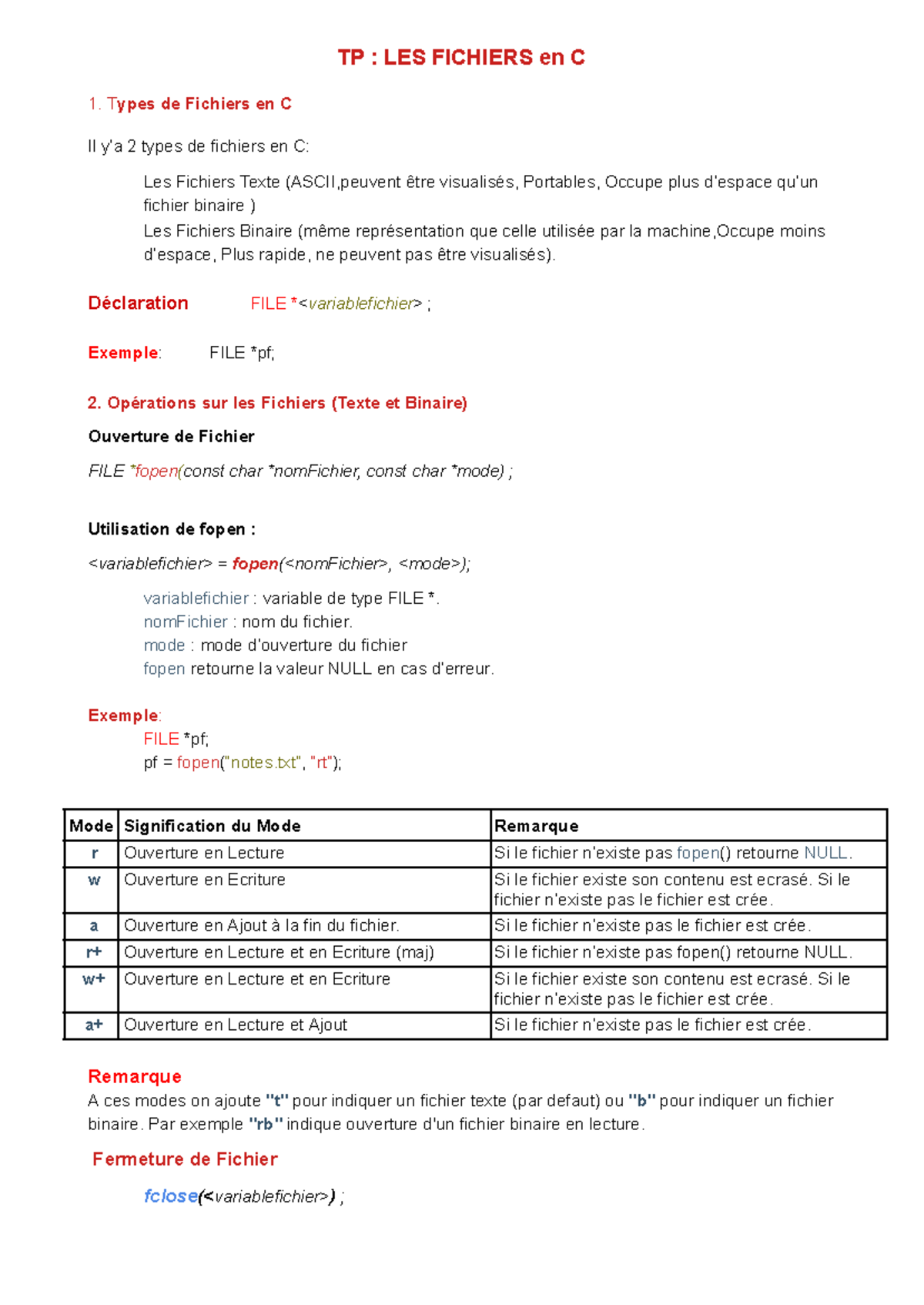 Les fichier en c - TP : LES FICHIERS en C 1. Types de Fichiers en C Il ...