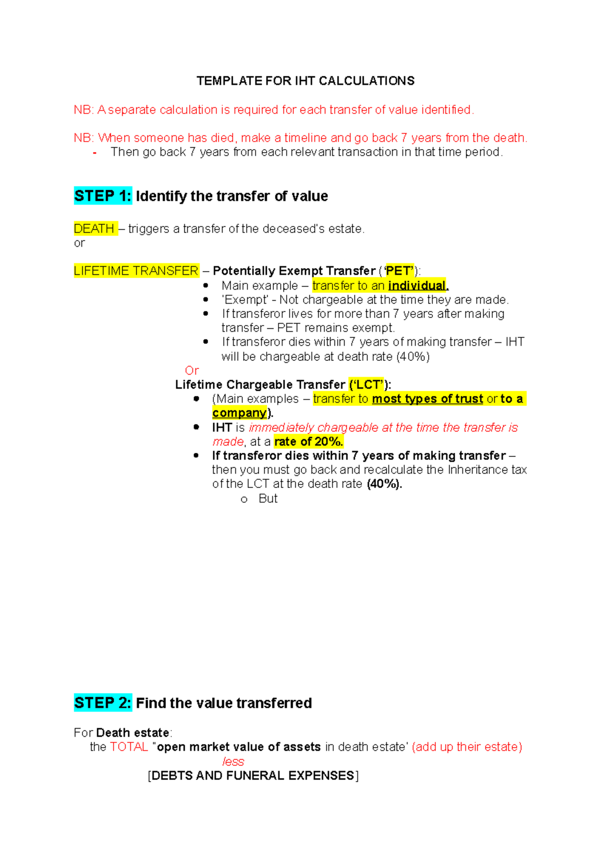 IHT Calculation template - TEMPLATE FOR IHT CALCULATIONS NB: A separate ...