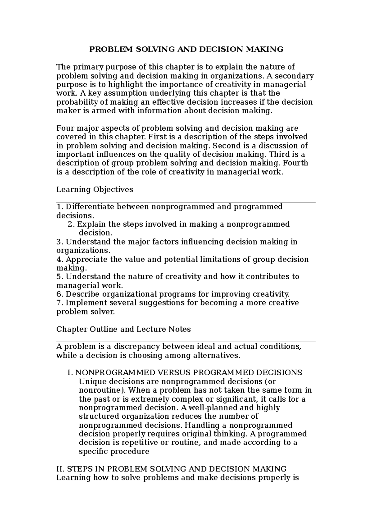 Chapter 5 Decision Making - PROBLEM SOLVING AND DECISION MAKING The ...