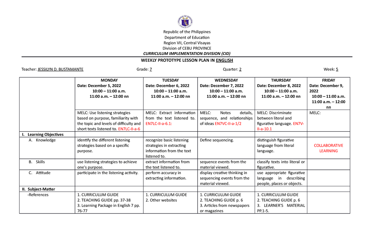 ENG7 Q2 WEEK1 DLL - A Sample Daily Lesson Log. - Republic Of The ...