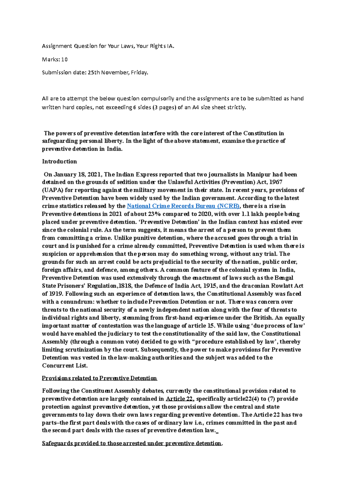 Assignment Question for Your Laws - Marks: 10 Submission date: 25th ...