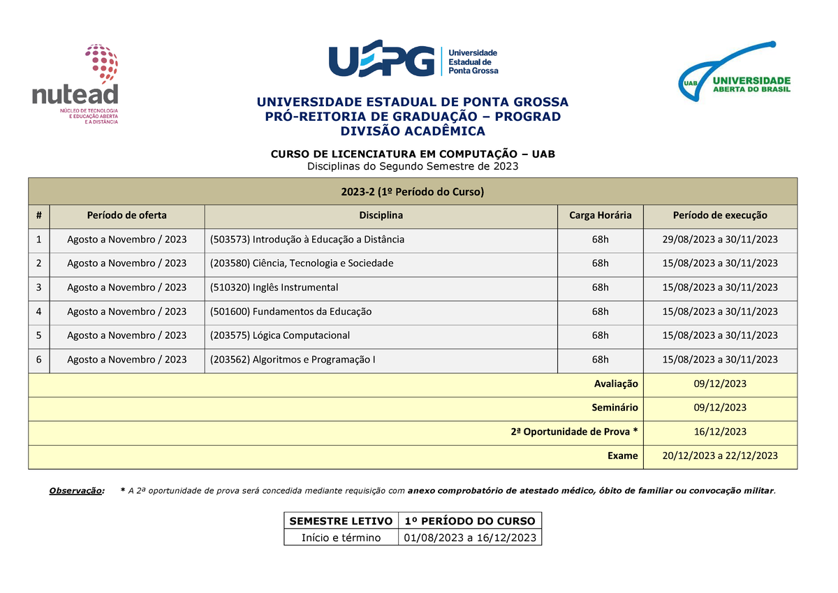 2023-2 LC-UAB Calendário 1p-4 - UNIVERSIDADE ESTADUAL DE PONTA GROSSA ...