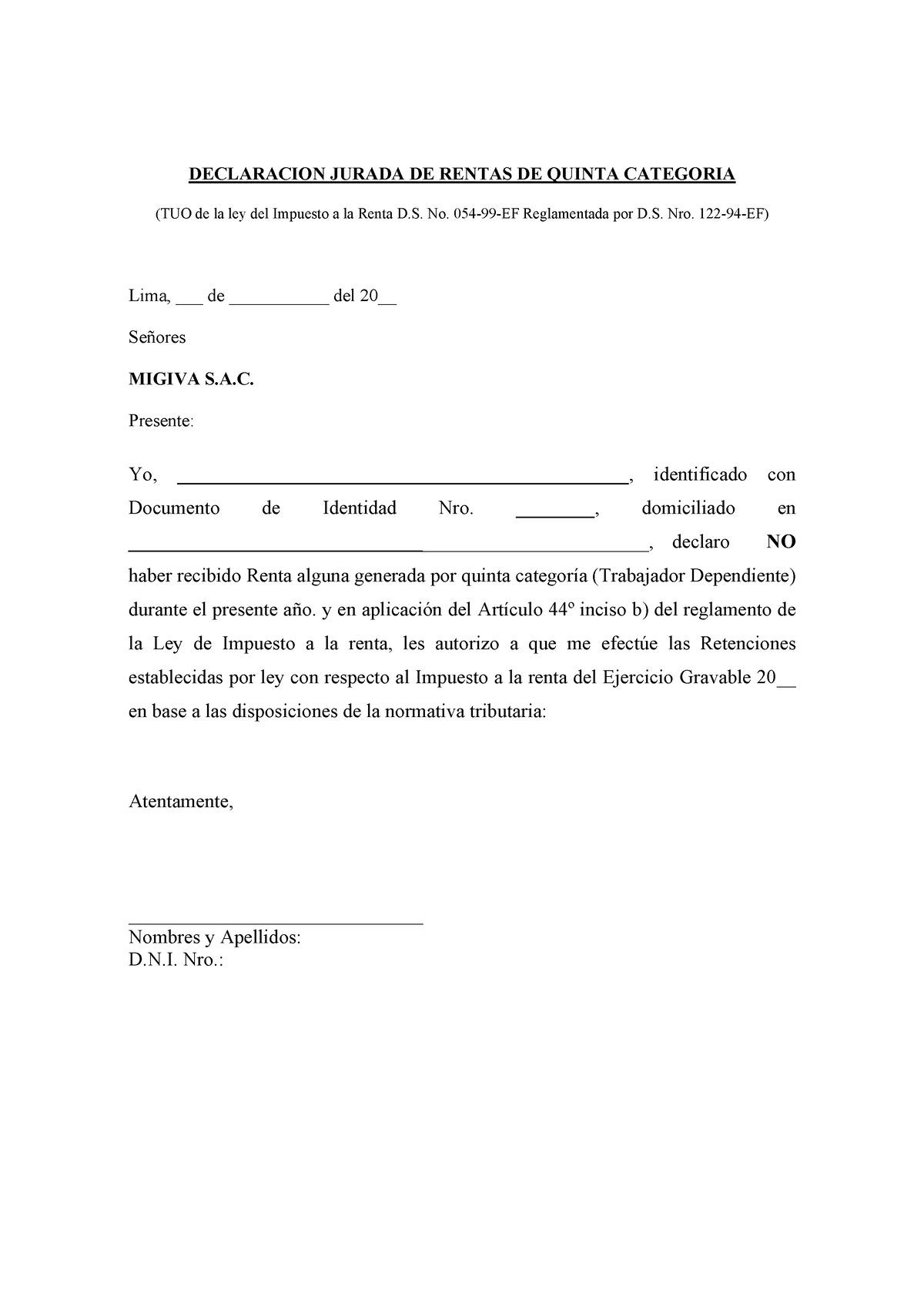 4 Declaracion Jurada De 5ta Cat Declaracion Jurada De Rentas De Quinta Categoria Tuo De La 9300