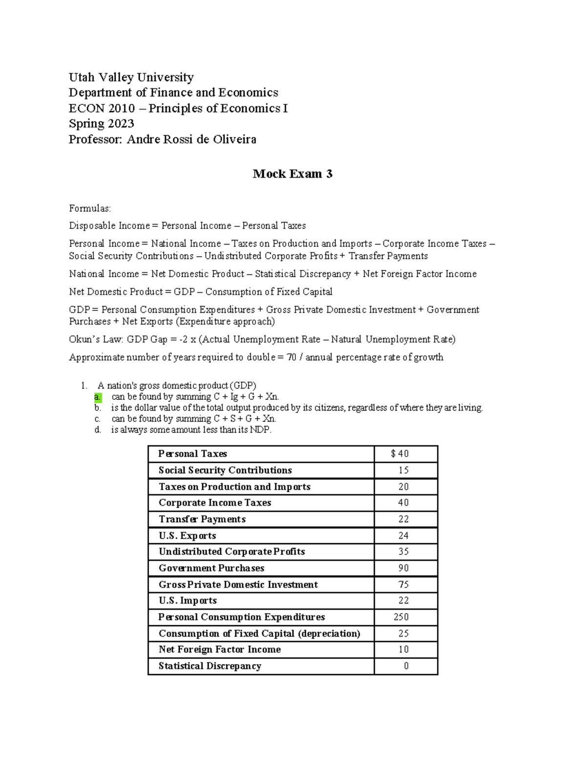 Mock Exam 3 - Moch Exam For Exam 3 - Utah Valley University Department ...