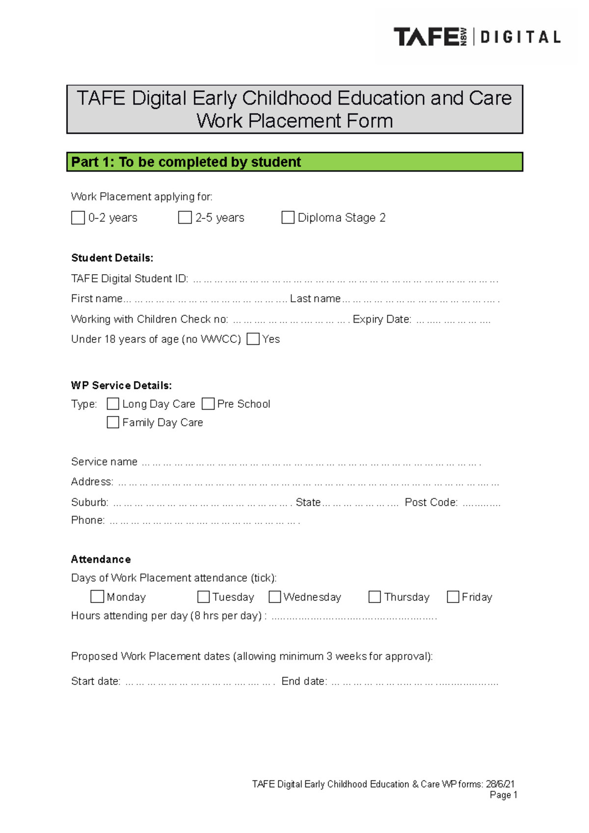 TAFE Digital Work Placement Application Forms TAFE Digital Early