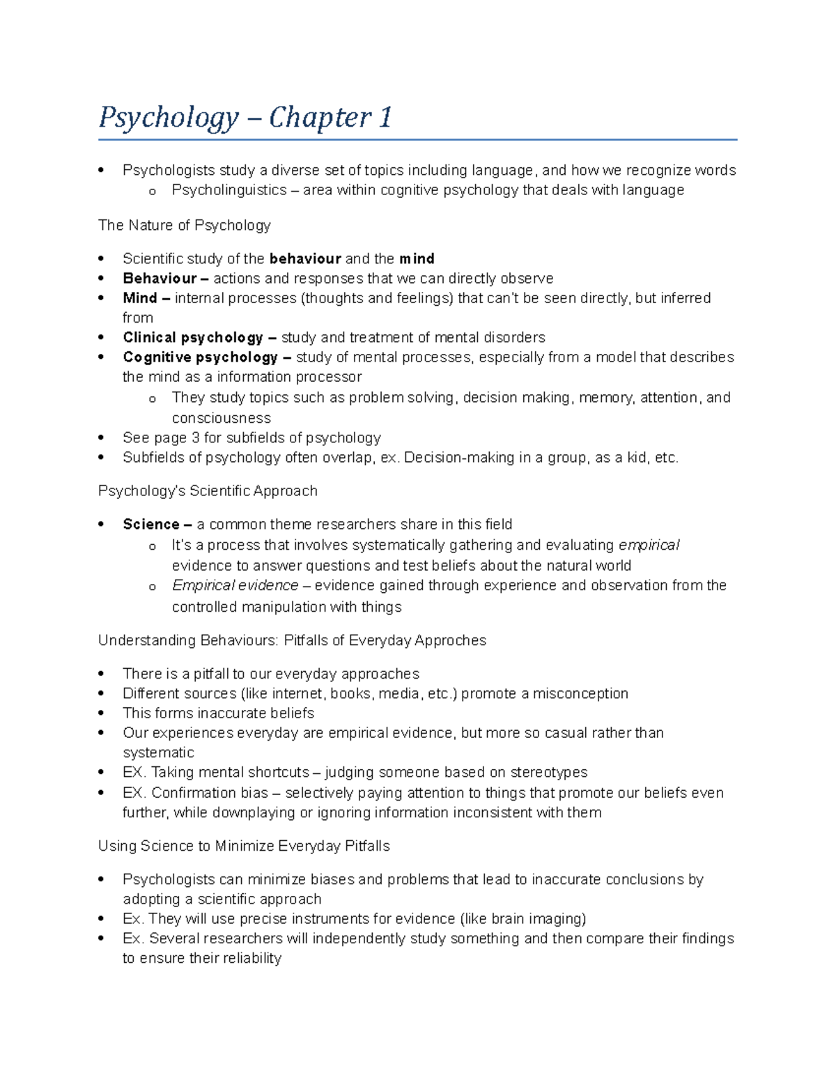 Chap 1 - Lecture Notes 1 - Psychology – Chapter 1 Psychologists Study A ...