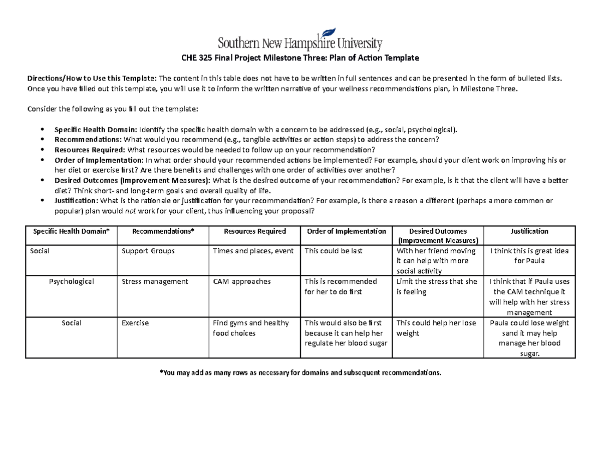 Che325 Milestone Three Plan Of Action Template - CHE 325 Final Project ...