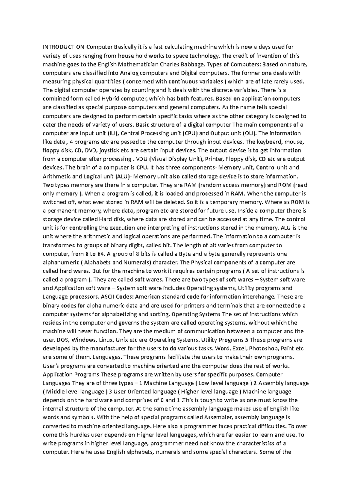 C Notes - Program in C - INTRODUCTION Computer Basically it is a fast ...