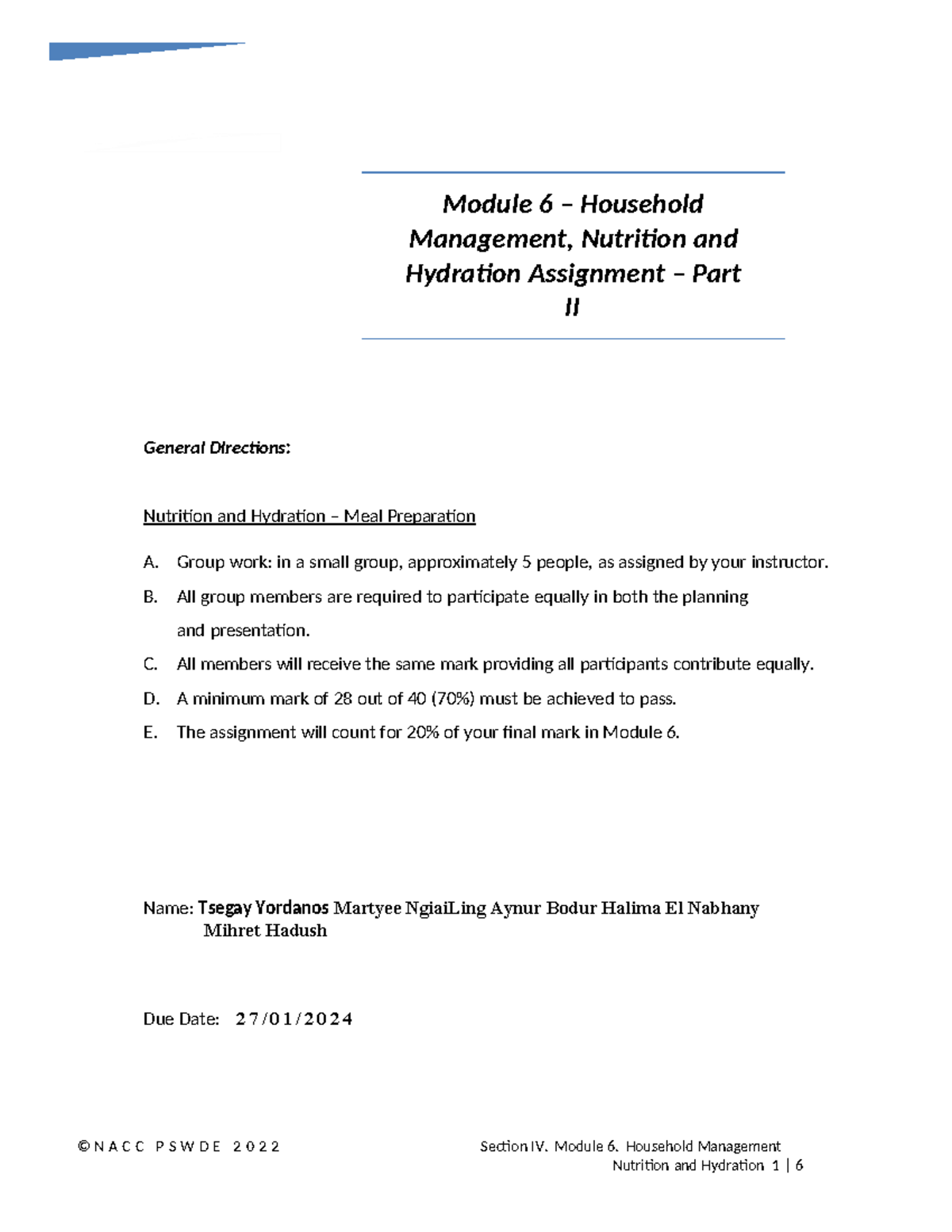 IV-7 Assigmt - Module 6 Household Management - © N A C C P S W D E 2 0 ...