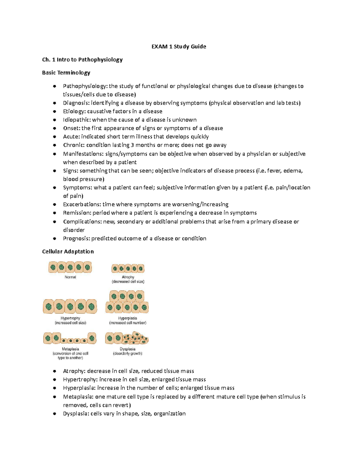 Patho Study Guide Exam 1 - EXAM 1 Study Guide Ch. 1 Intro To ...