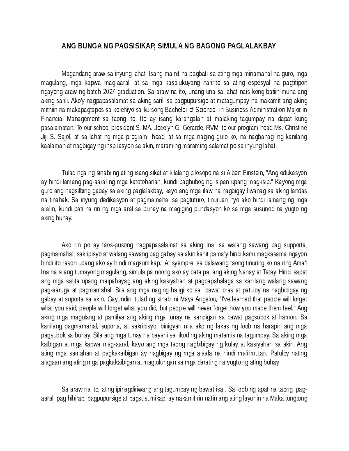 Talumpati-final - ANG BUNGA NG PAGSISIKAP, SIMULA NG BAGONG PAGLALAKBAY ...