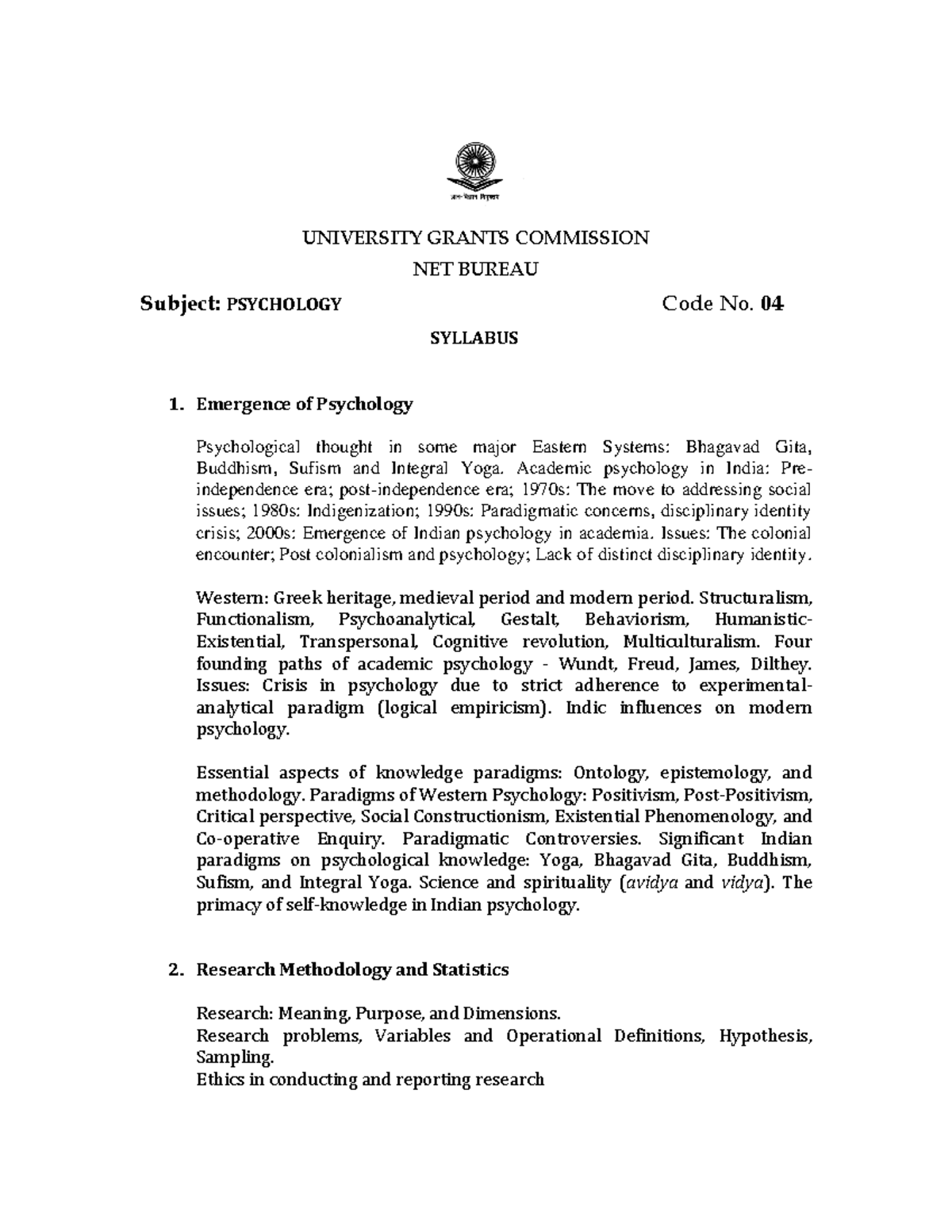 Psychology English syllabus - UNIVERSITY GRANTS COMMISSION NET BUREAU ...