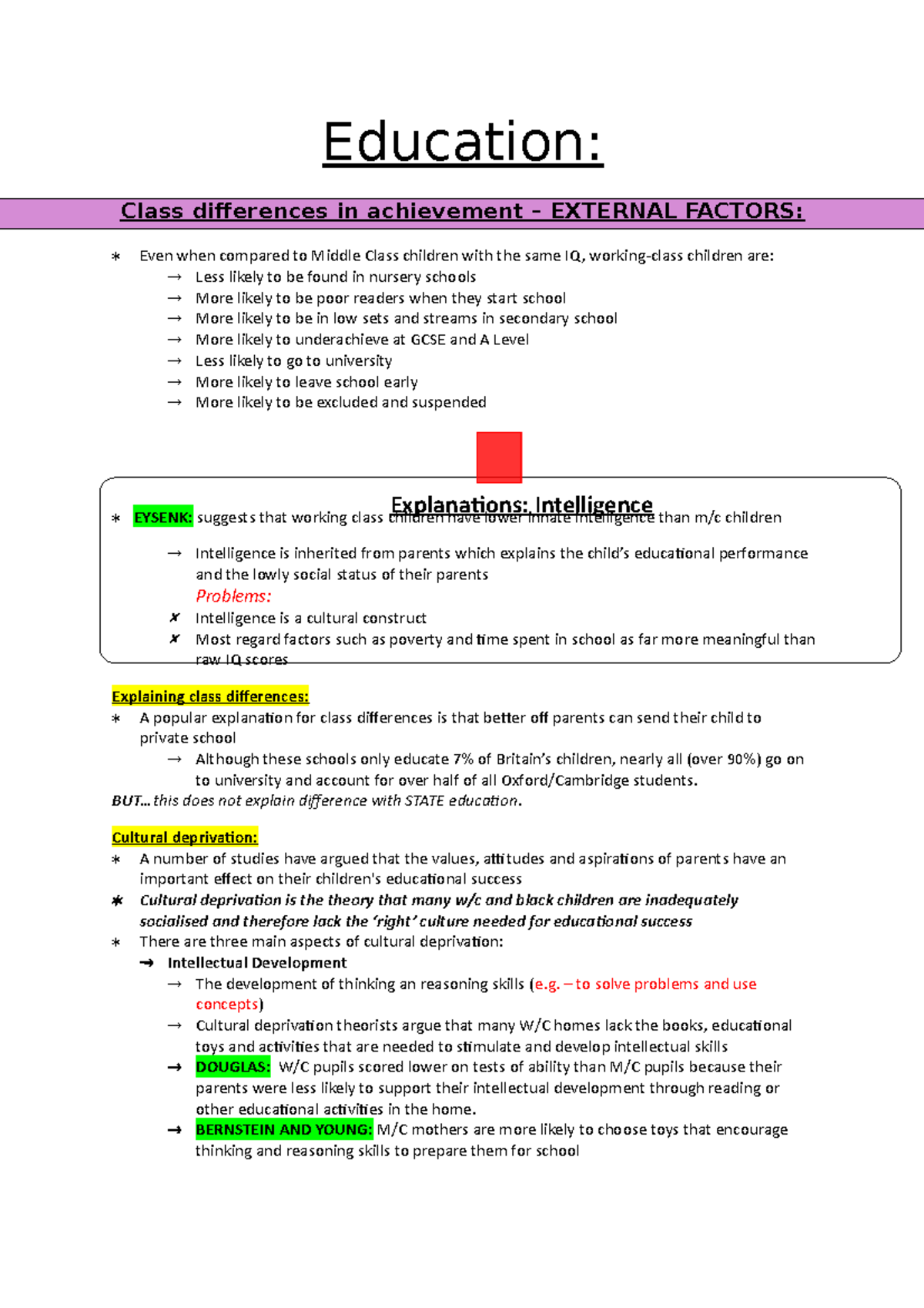 Education revision - n/a - Edu cation: Class differences in achievement ...