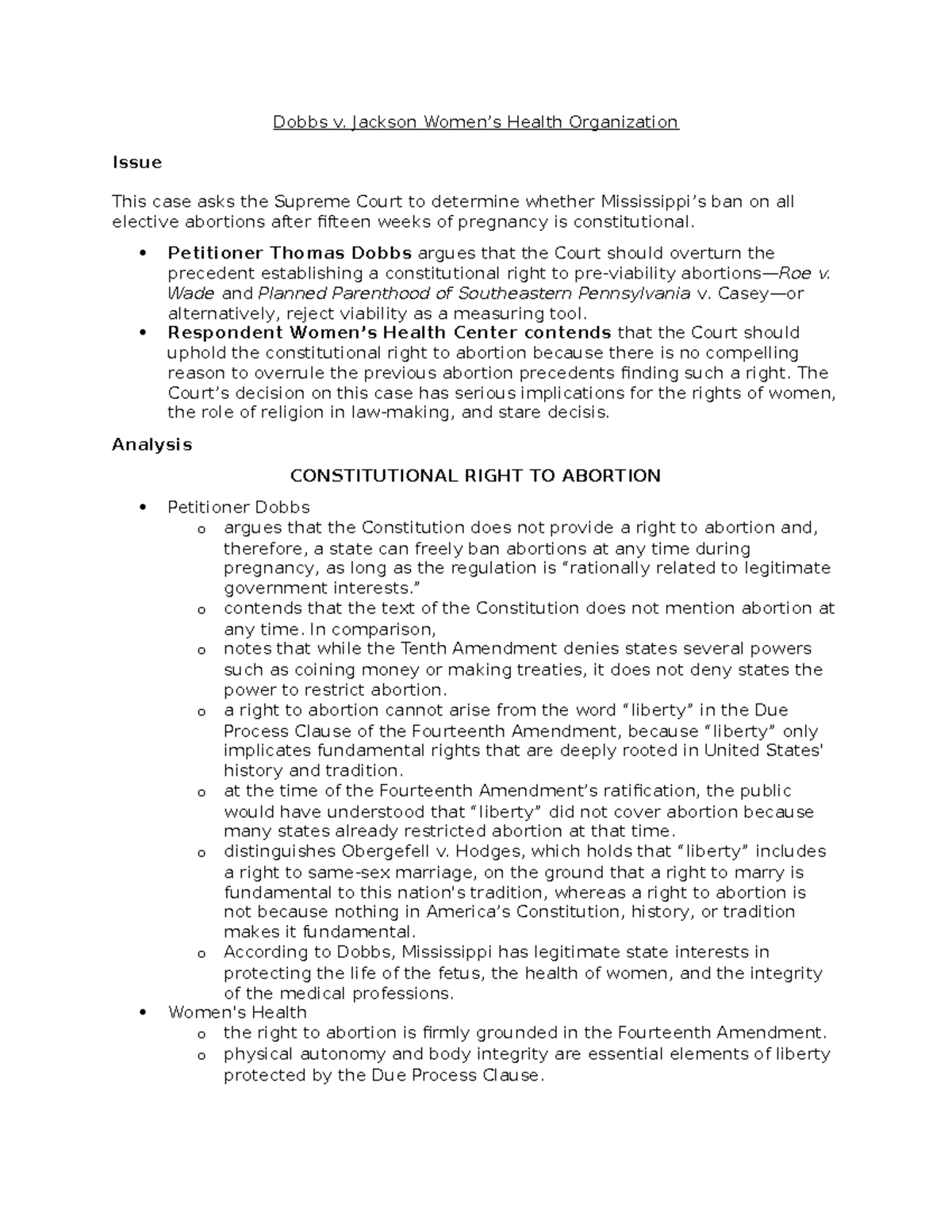 Dobbs v. Jackson Women's Health Case Brief Dobbs v. Jackson Women’s Health Organization Issue