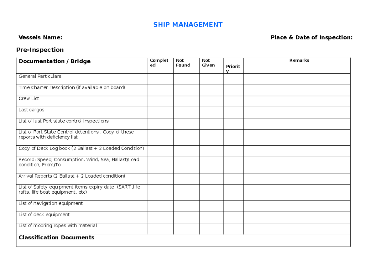 Pre-Inspection - Pre-Inspection - SHIP MANAGEMENT Vessels Name: Place ...