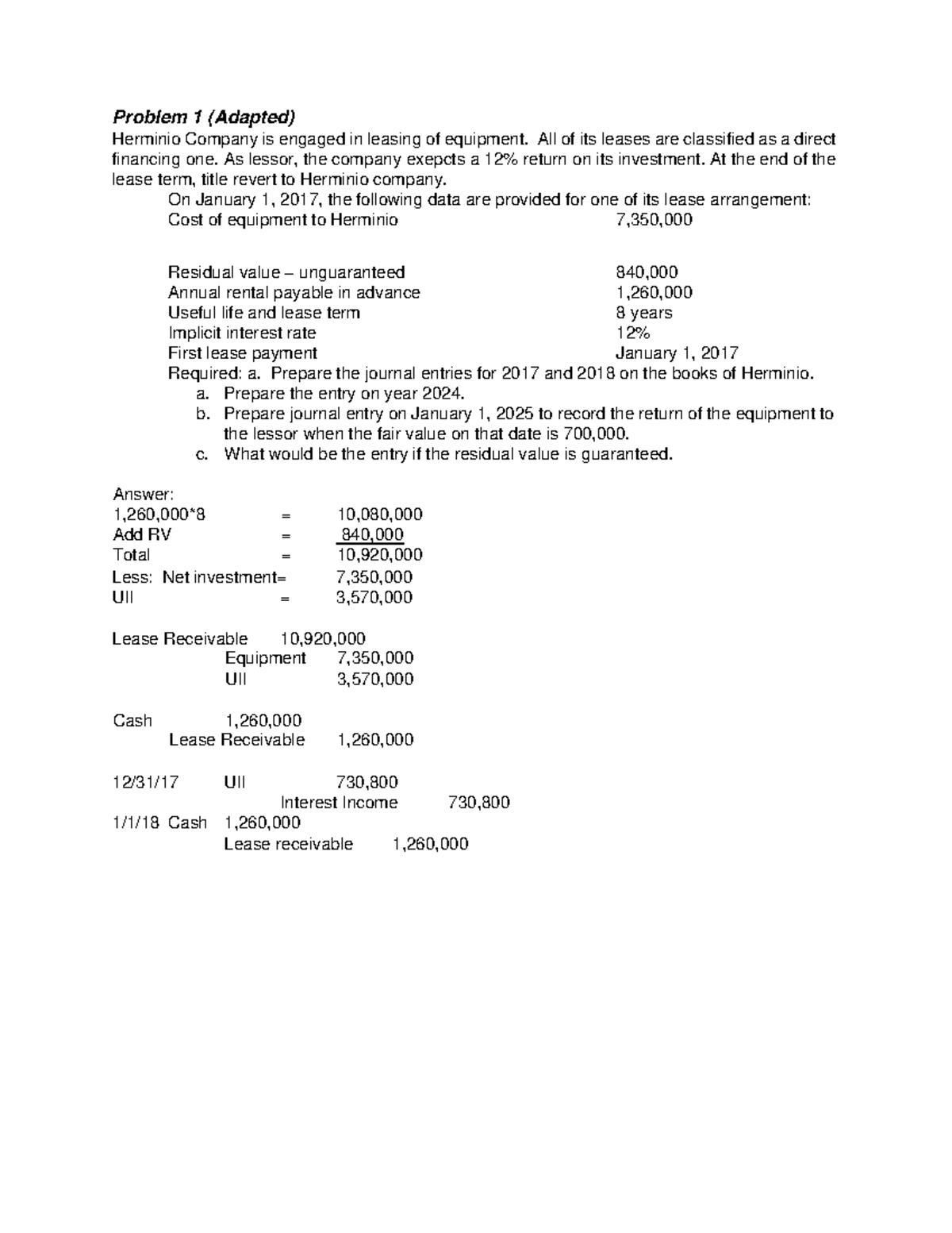 Journal Entries FOR Gross Investment - Problem 1 (Adapted) Herminio ...