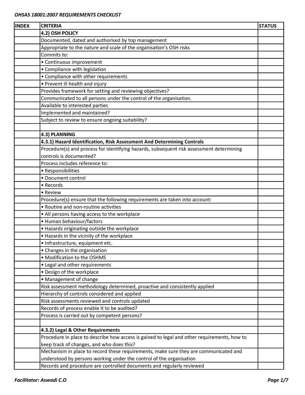 Ohsas Checklist - Wqwer - INDEX CRITERIA STATUS 4) OSH POLICY ...