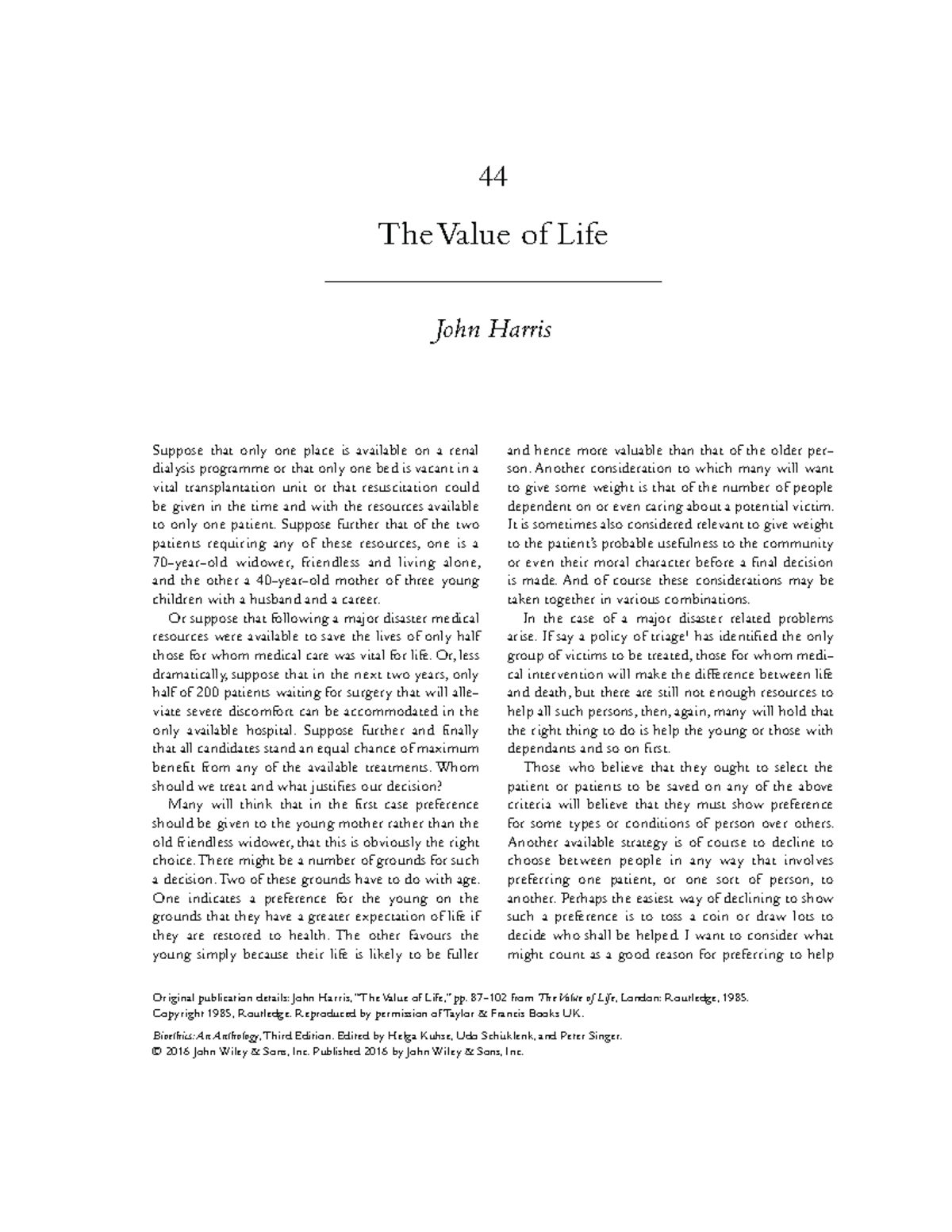 Value of life by john harris Original publication details John