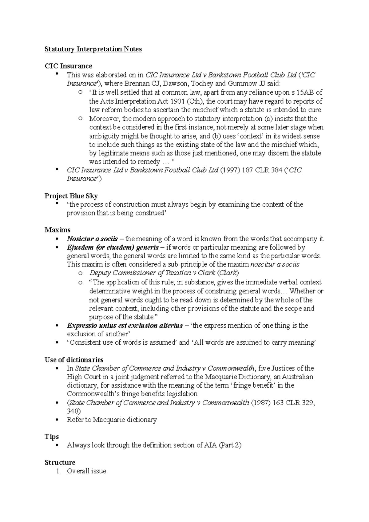 Statutory Interpretation Notes - O Moreover, The Modern Approach To ...