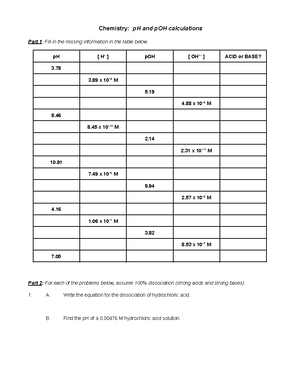07c p H problems worksheet - Chemistry: pH and pOH calculations Part 1:  Fill in the missing - Studocu