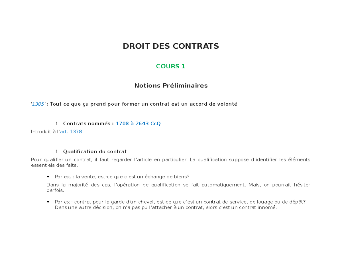 Droit DES Contrats - Notes de cours 1-12 - DROIT DES CONTRATS COURS 1