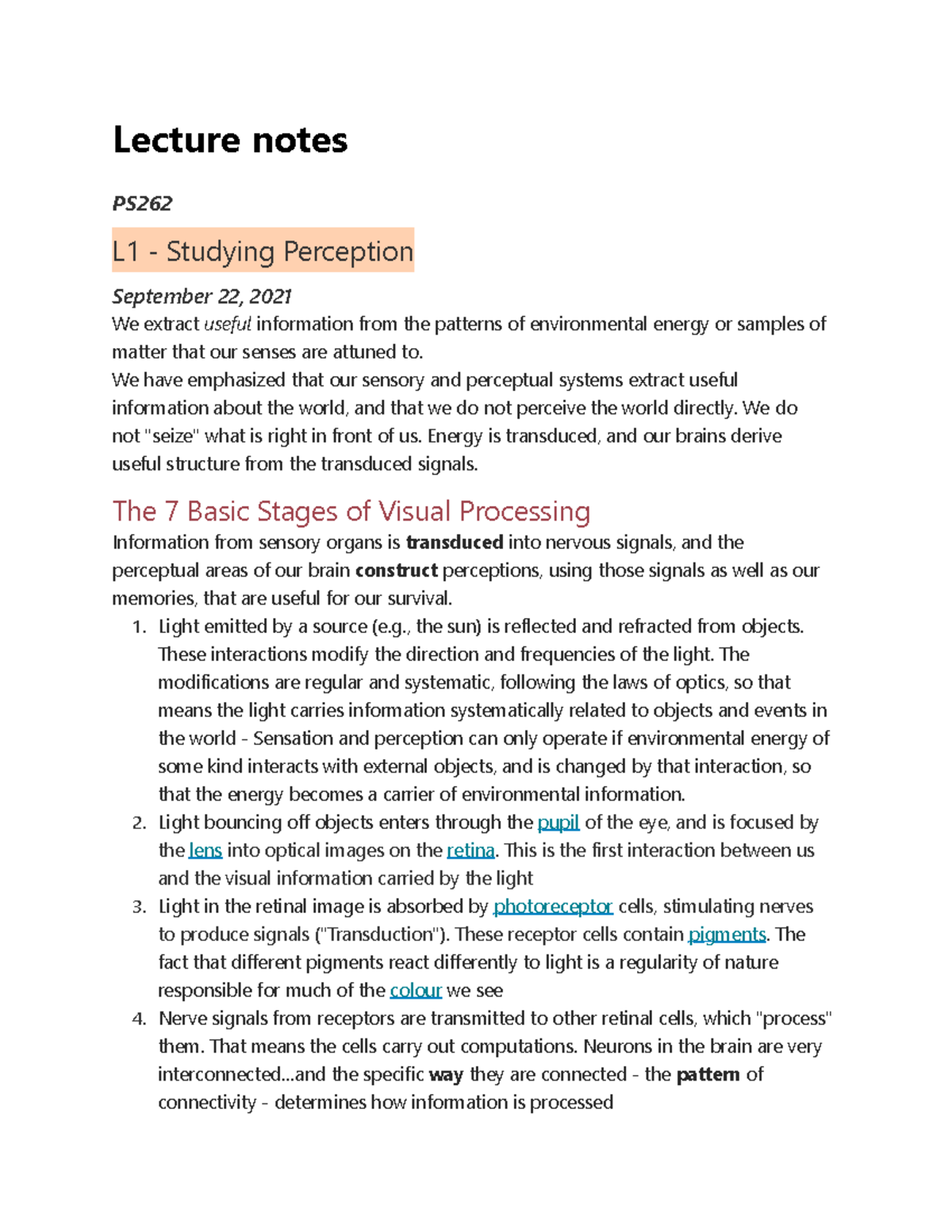 Percepetation And Sensation - Lecture Notes PS L1 - Studying Perception ...