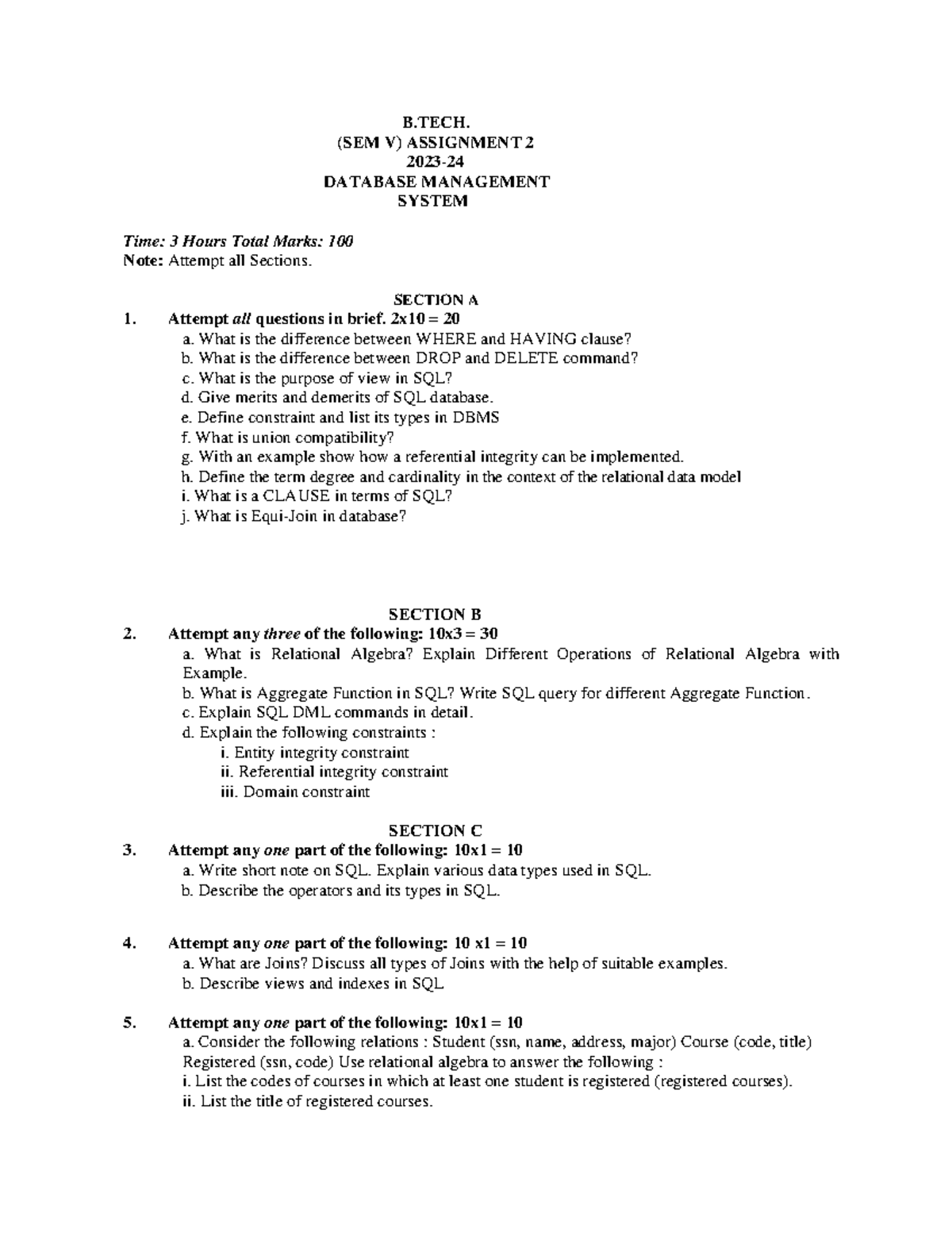 DBMS UNIT 2 Assignment - B. (SEM V) ASSIGNMENT 2 2023 - 24 DATABASE ...