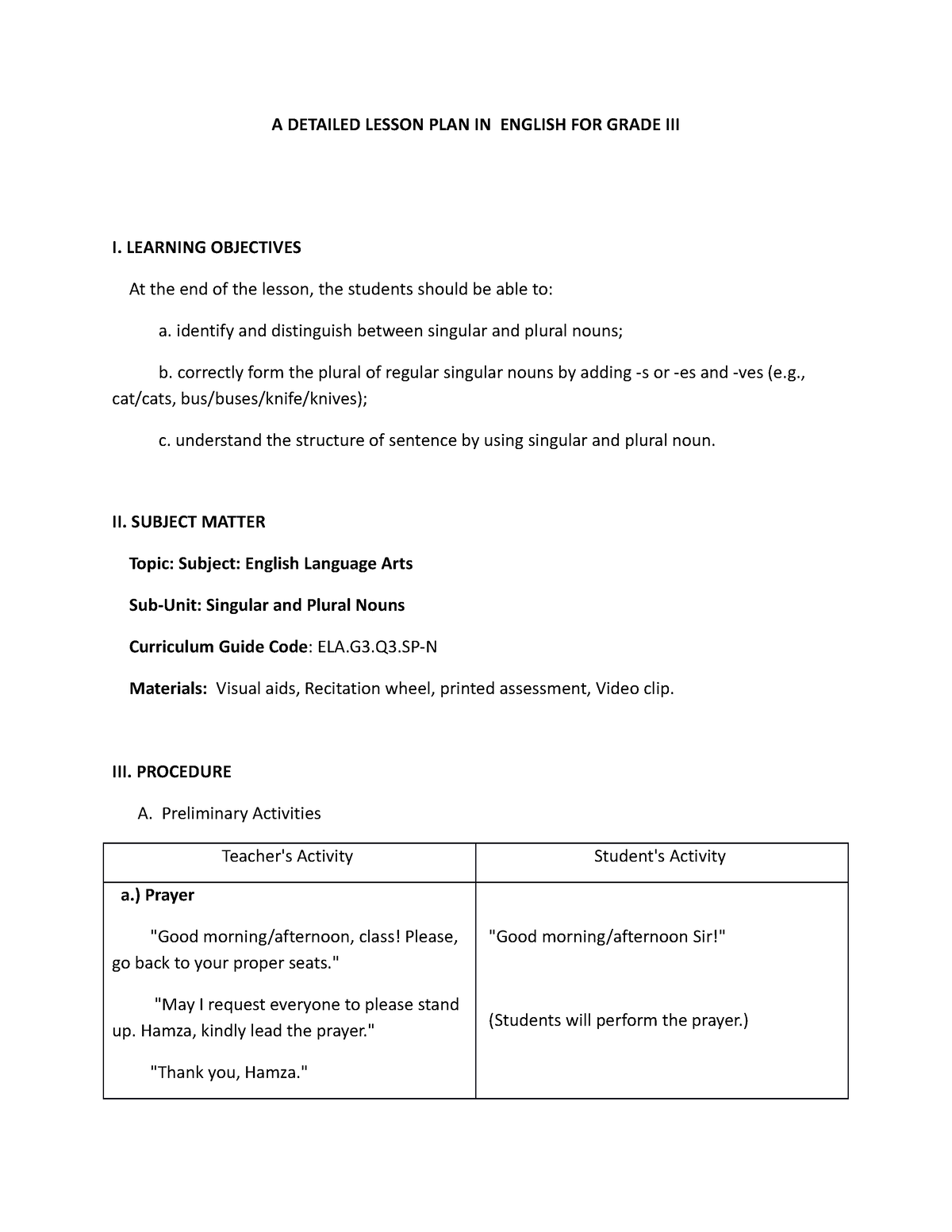 English- Lesson Plan Q-1 - A DETAILED LESSON PLAN IN ENGLISH FOR GRADE ...