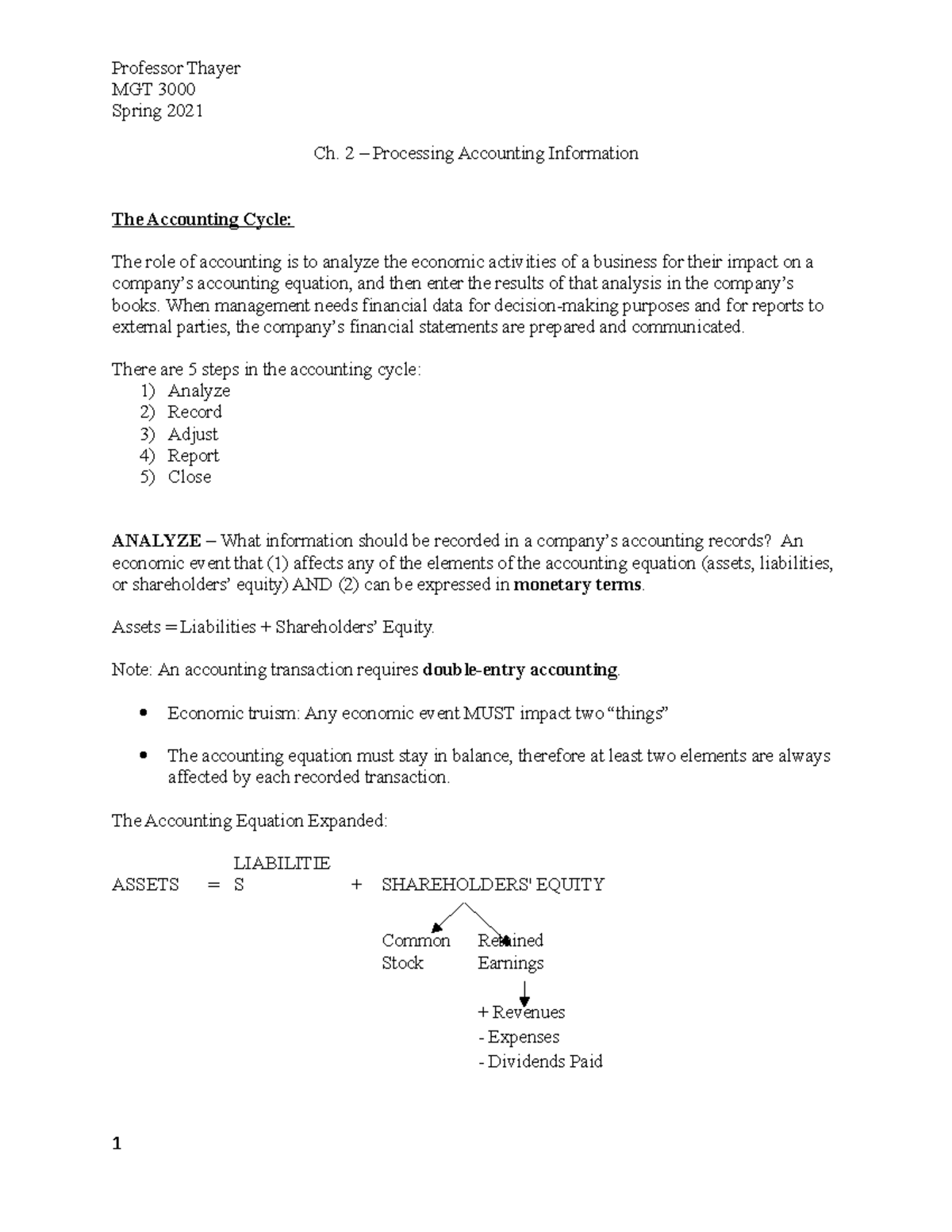 Ch.2 Notes - MGT 3000 Spring 2021 Ch. 2 – Processing Accounting ...