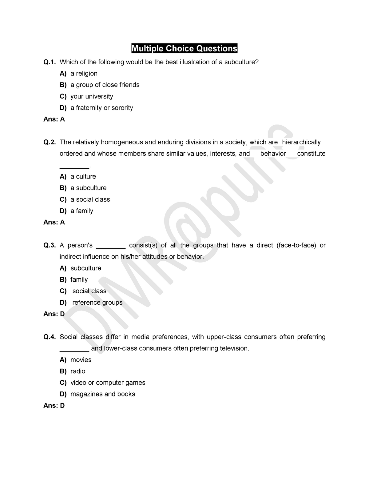 Consumer-Behavior - Consumer Behavior Test - Multiple Choice Questions ...