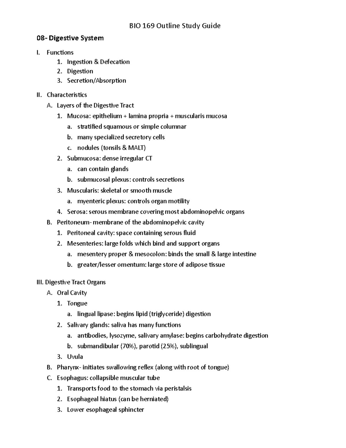 08 Digestive System Outline - BIO 169 Outline Study Guide 08- Digestive ...