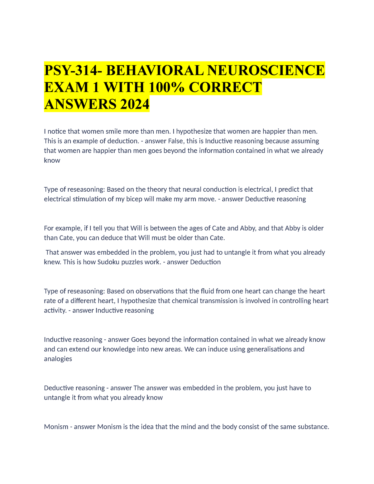 PSY-314- Behavioral Neuroscience EXAM 1 WITH 100% Correct Answers 2024 ...