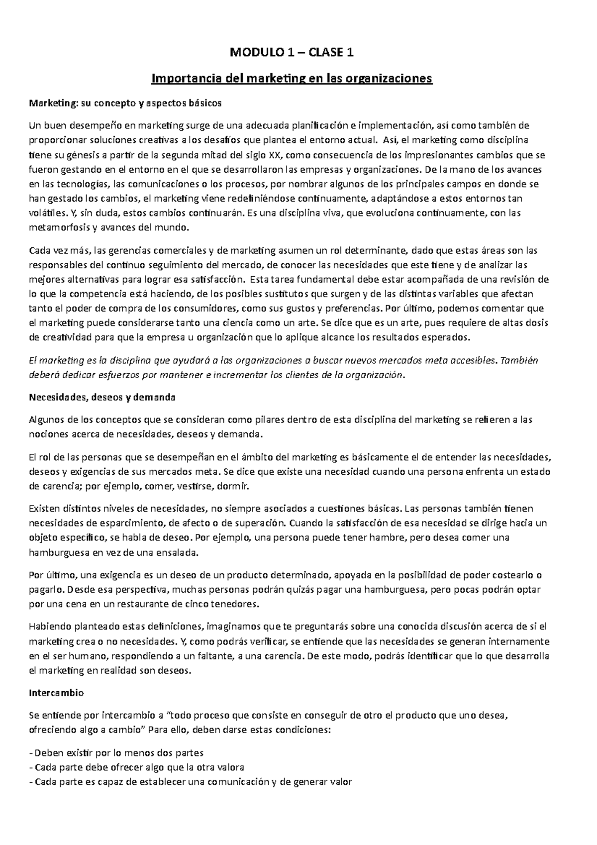 Marketing I - 1ER Parcial - MODULO 1 – CLASE 1 Importancia del ...