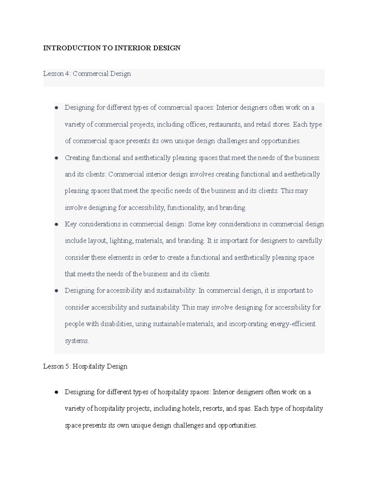 AA 103-2 - notes - INTRODUCTION TO INTERIOR DESIGN Lesson 4: Commercial ...