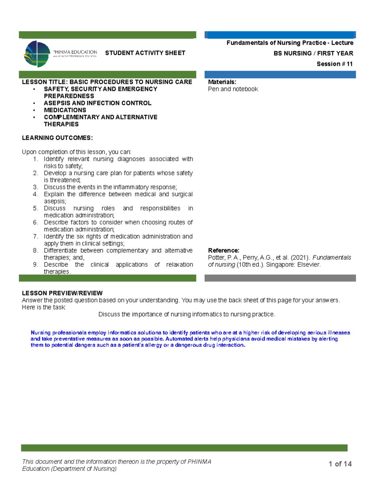 SAS-11 Lastimado medicne - STUDENT ACTIVITY SHEET Fundamentals of ...